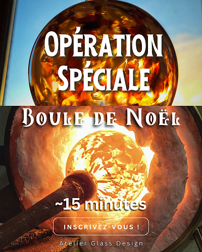Opération fêtes de fin d'années réalisation de boule de Noël en verre soufflé chez Cyril-John Rousseau Glass Design