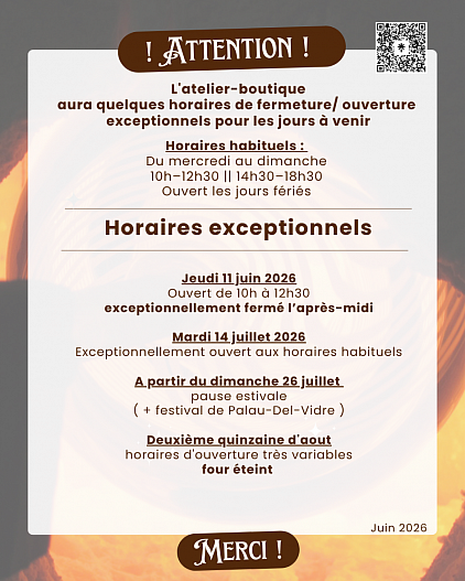 Horaires exceptionnels juin juillet oaut 2026 atelier boutique Cyril-John Rousseau Glass design